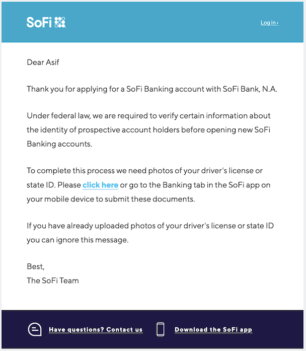 Screenshot of One more thing to complete your SoFi application email