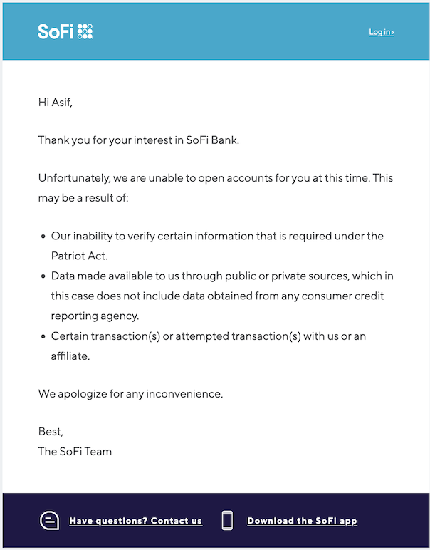 Screenshot of Your SoFi Bank application has been declined email