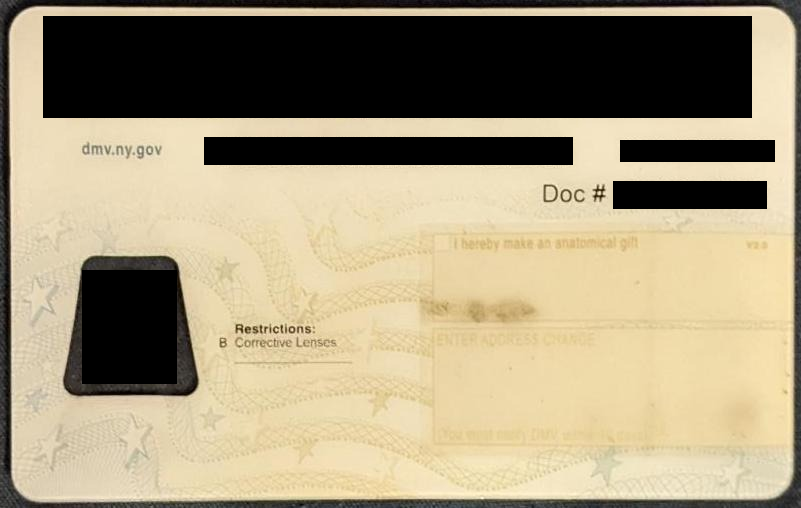 Redacted back of NYS driver's license
