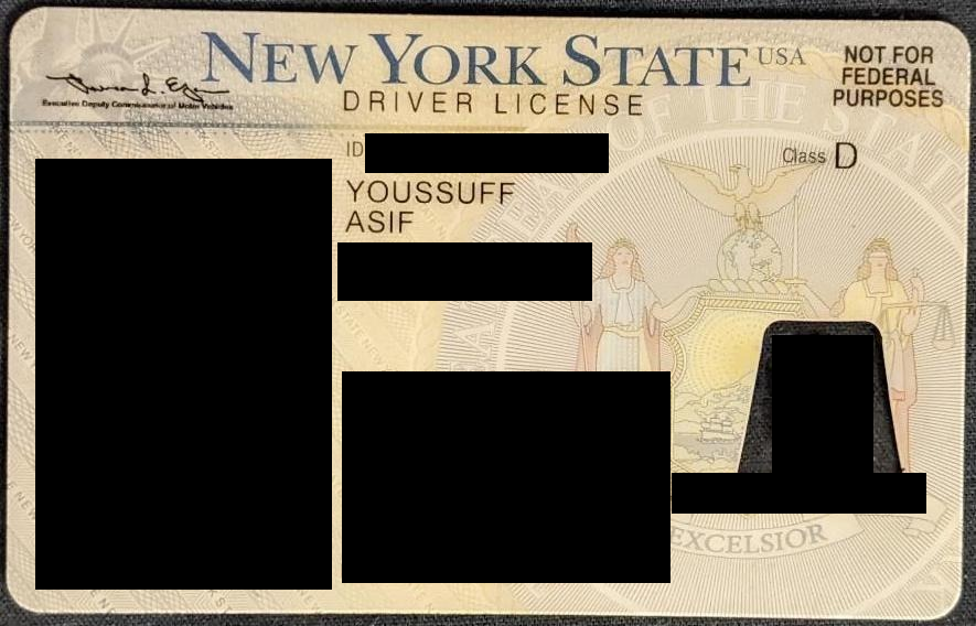 Redacted front of NYS driver's license