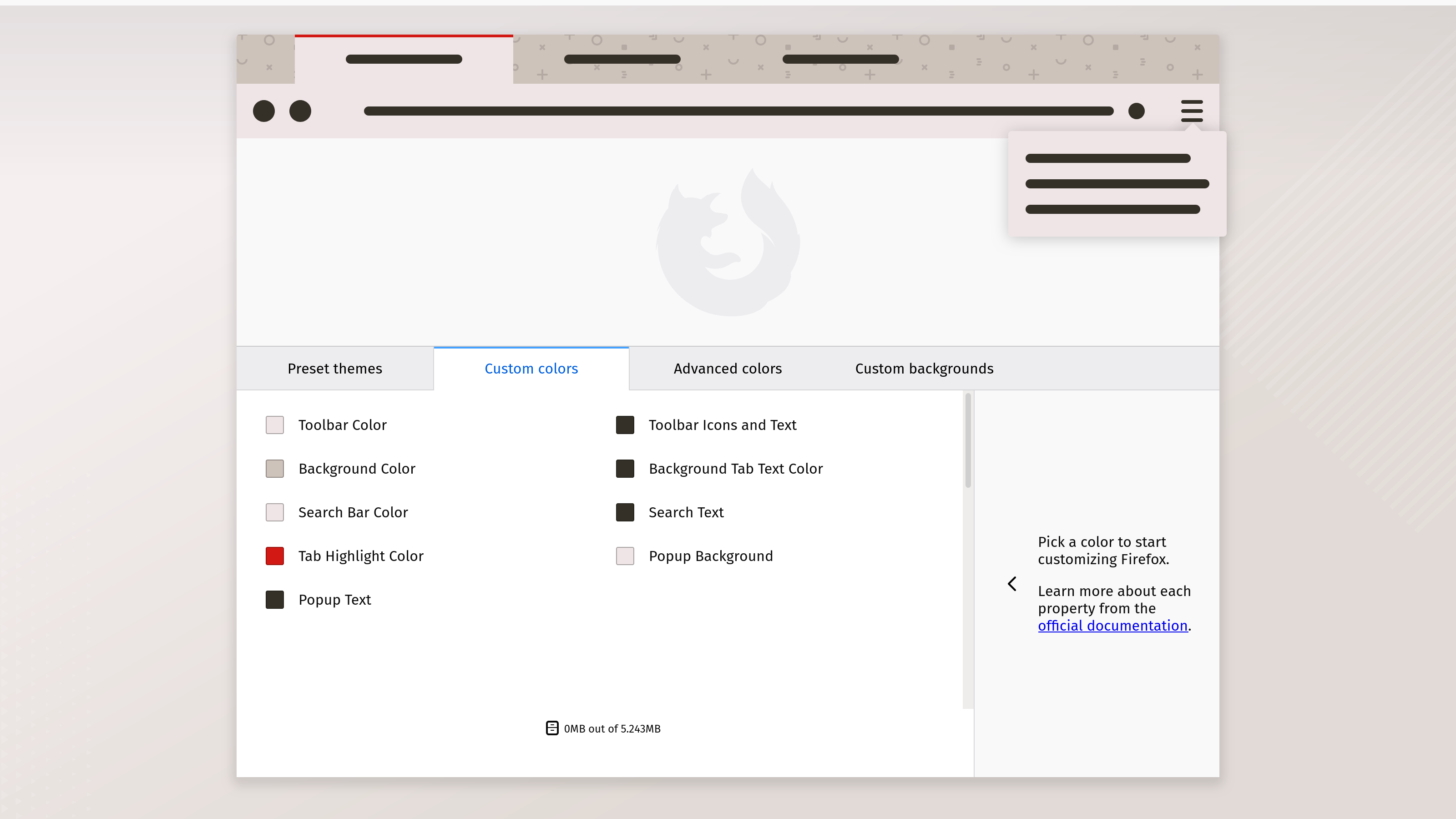 An image showing a Firefox color theme in the style of Classic Mac OS' Drawing Board theme