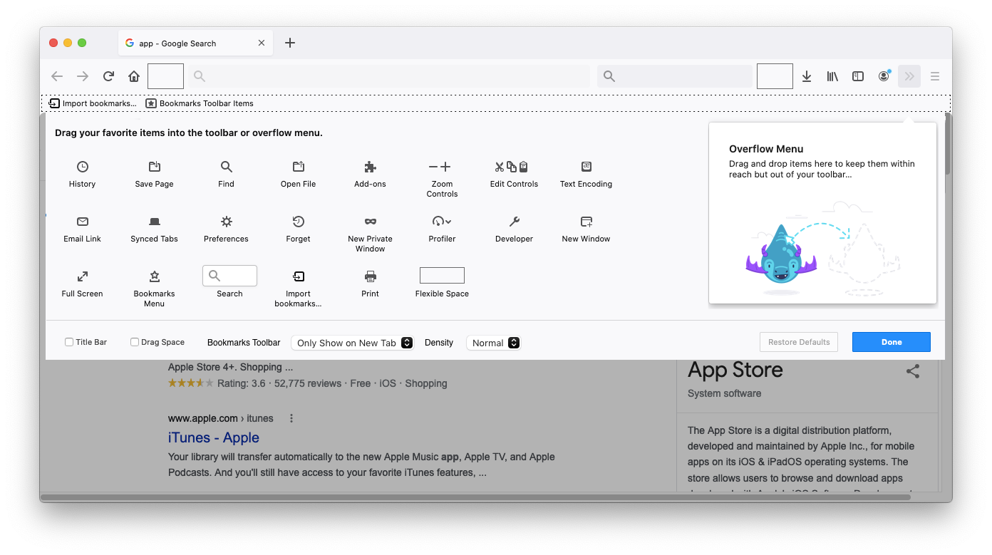 Firefox customize UI in a sheet