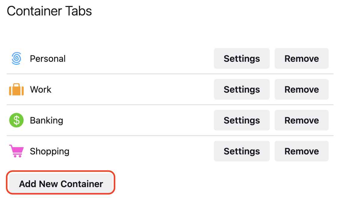 Add New Container button highlighted on Container Tabs settings