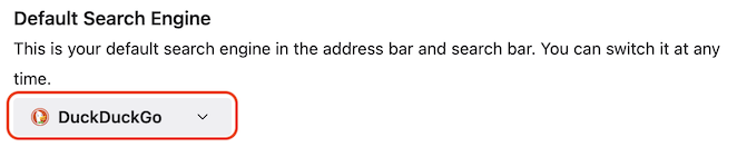 Firefox Default Search Engine with DuckDuckGo selected and highlighted