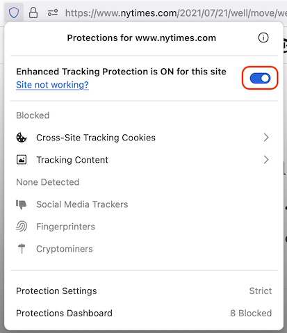 Enhanced Tracking Protection toggle enabled and highlighted
