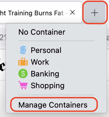 Open a new tab menu with Manage Containers option highlighted