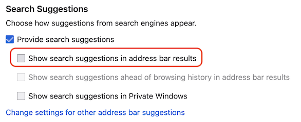 Show search suggestions in address bar results checkbox unchecked and highlighted