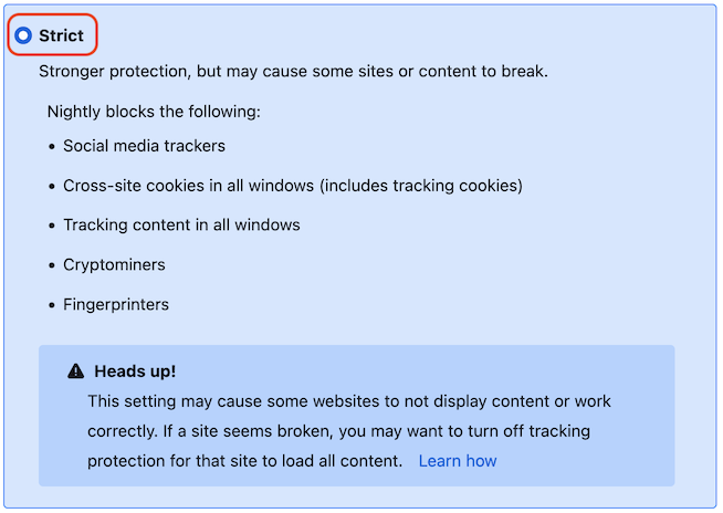 Firefox Enhanced Tracking Protection with Strict selected