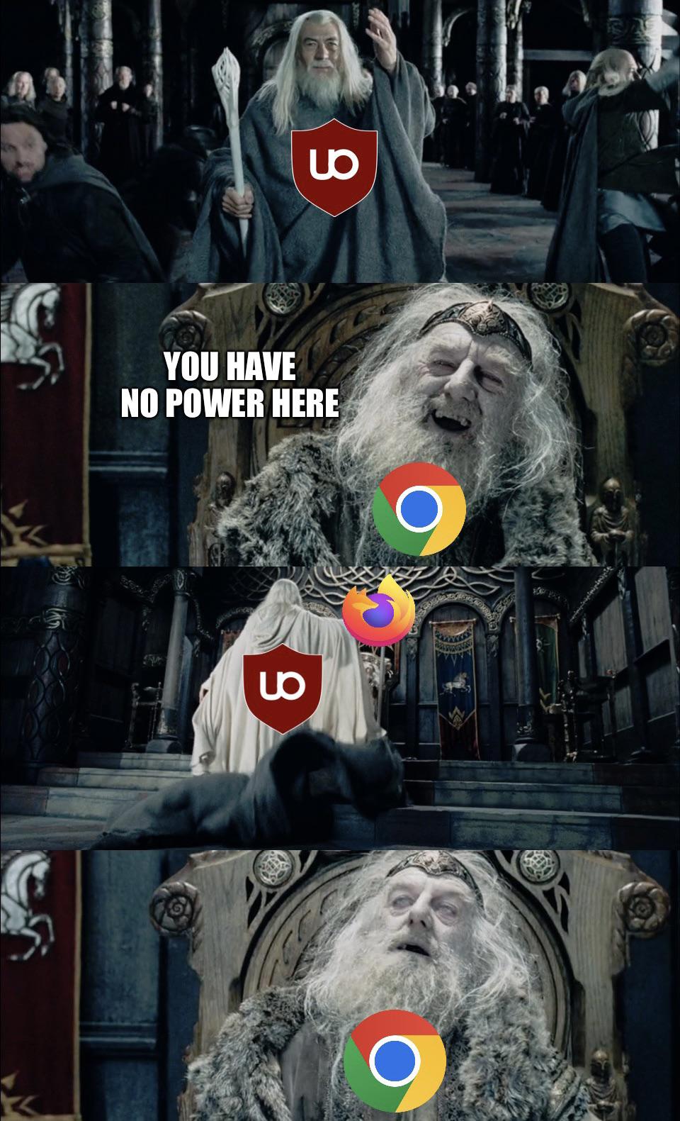Meme featuring uBlock Origin, Firefox and Chrome