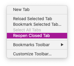 Firefox Contextual menu item from the tab strip, showing menu items including Reopen Closed Tab.