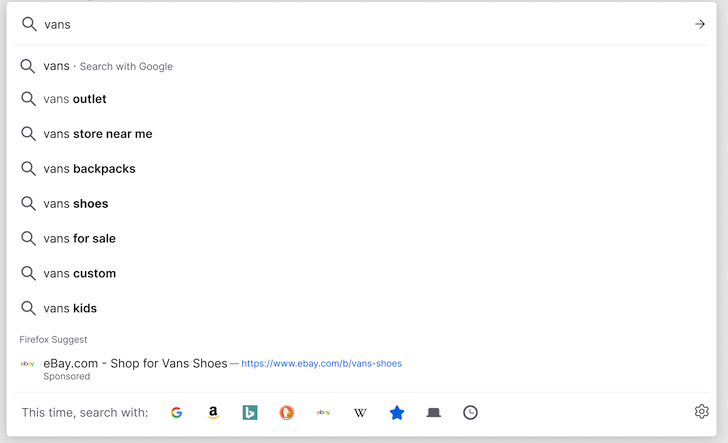 Firefox address bar showing a Firefox Suggest result for Vans Shoes on eBay
