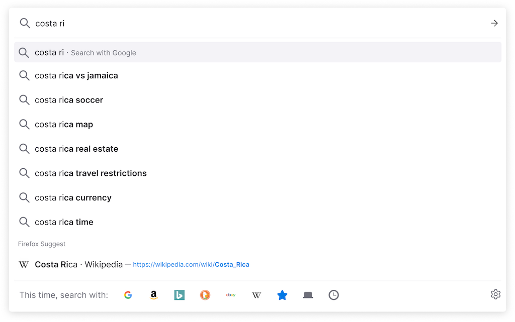Firefox address bar showing a Firefox Suggest result for Costa Rica on Wikipedia