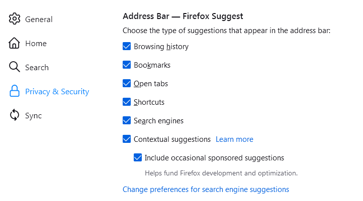 Firefox Suggest settings