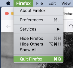 Firefox menu on macOS with Quit Firefox selected