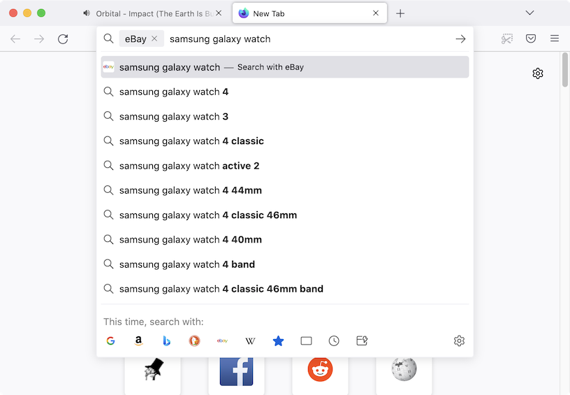Screenshot of Firefox with eBay selected as a non-default search engine