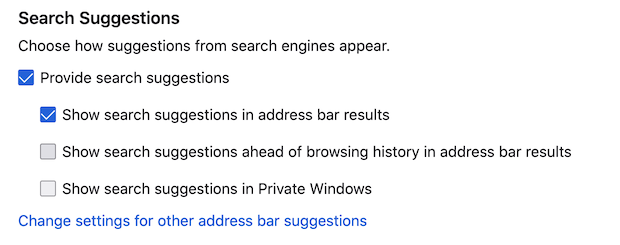 Screenshot of Firefox Search Suggestions preferences