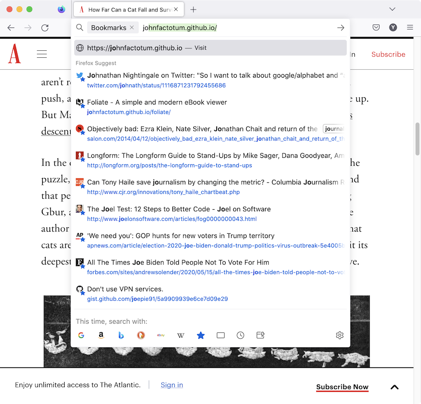 Screenshot of Firefox searching bookmarks