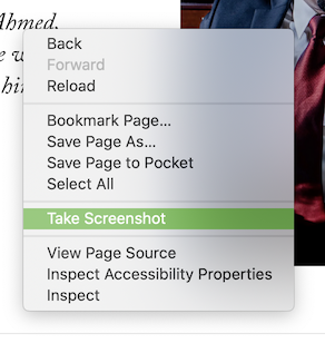 Screenshot of Firefox macOS contextual menu with Take Screenshot highlighted