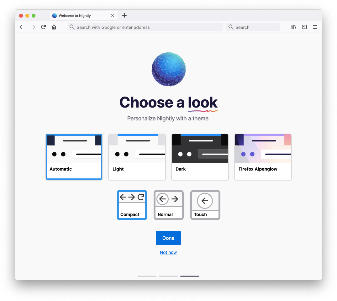 Firefox Welcome density options mockup