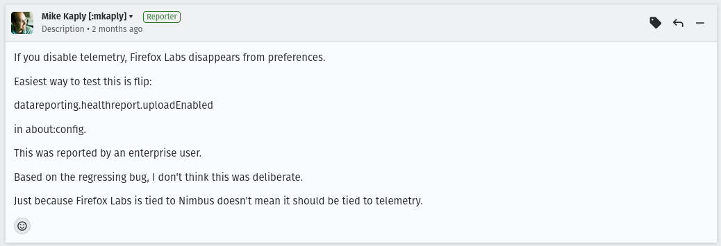 A screenshot of comment 1 on Mozilla bug 1959804