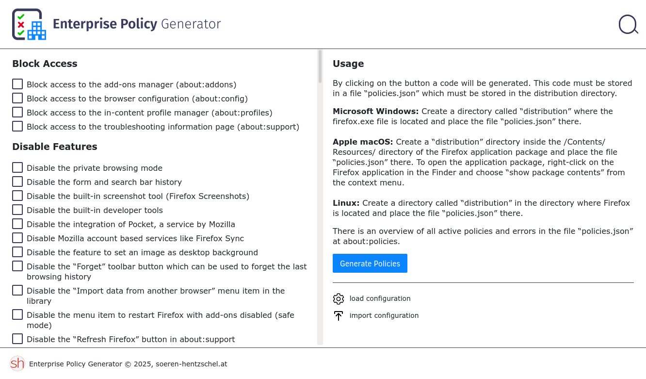 Screenshot of Enterprise Policy Generator