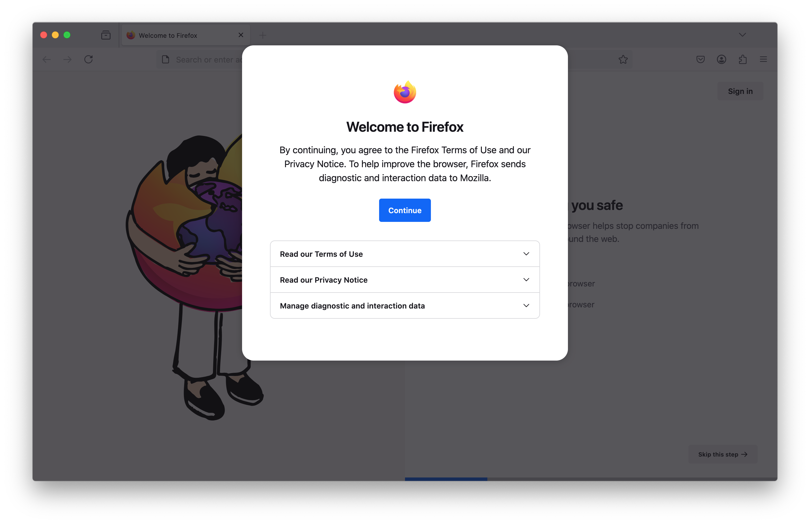 Firefox window displaying the clickwrap ToS