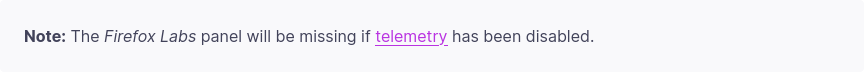 Screenshot showing Firefox Labs panel note on SUMO.