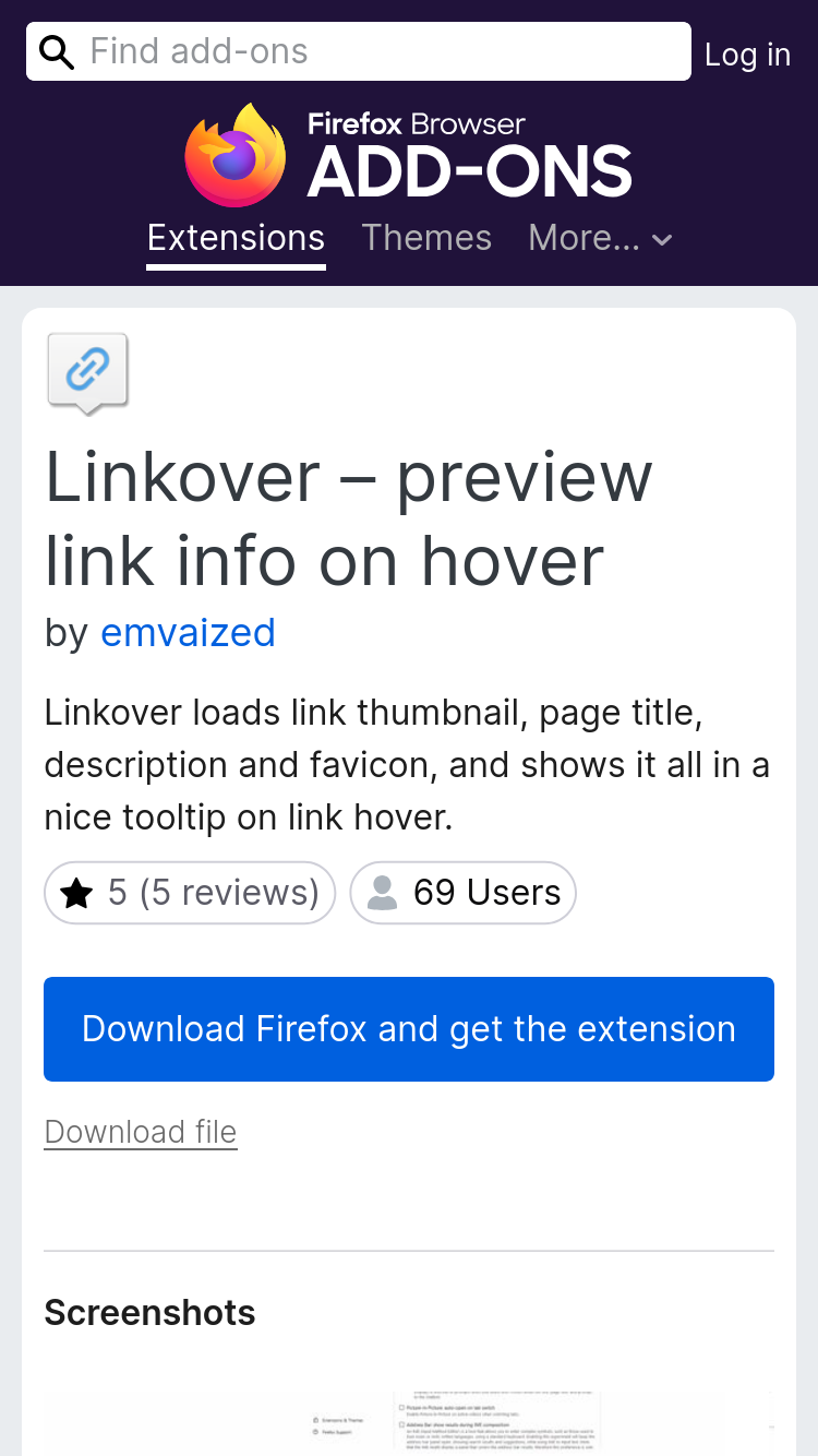 Screenshot of Mozilla Add-ons page listing for Linkover