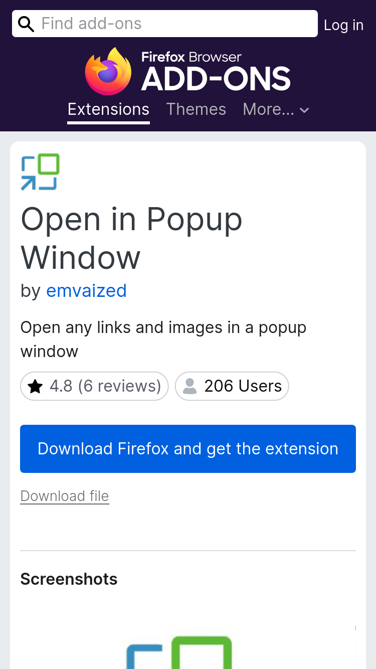 Screenshot of Mozilla Add-ons page listing for Open in Popup Window