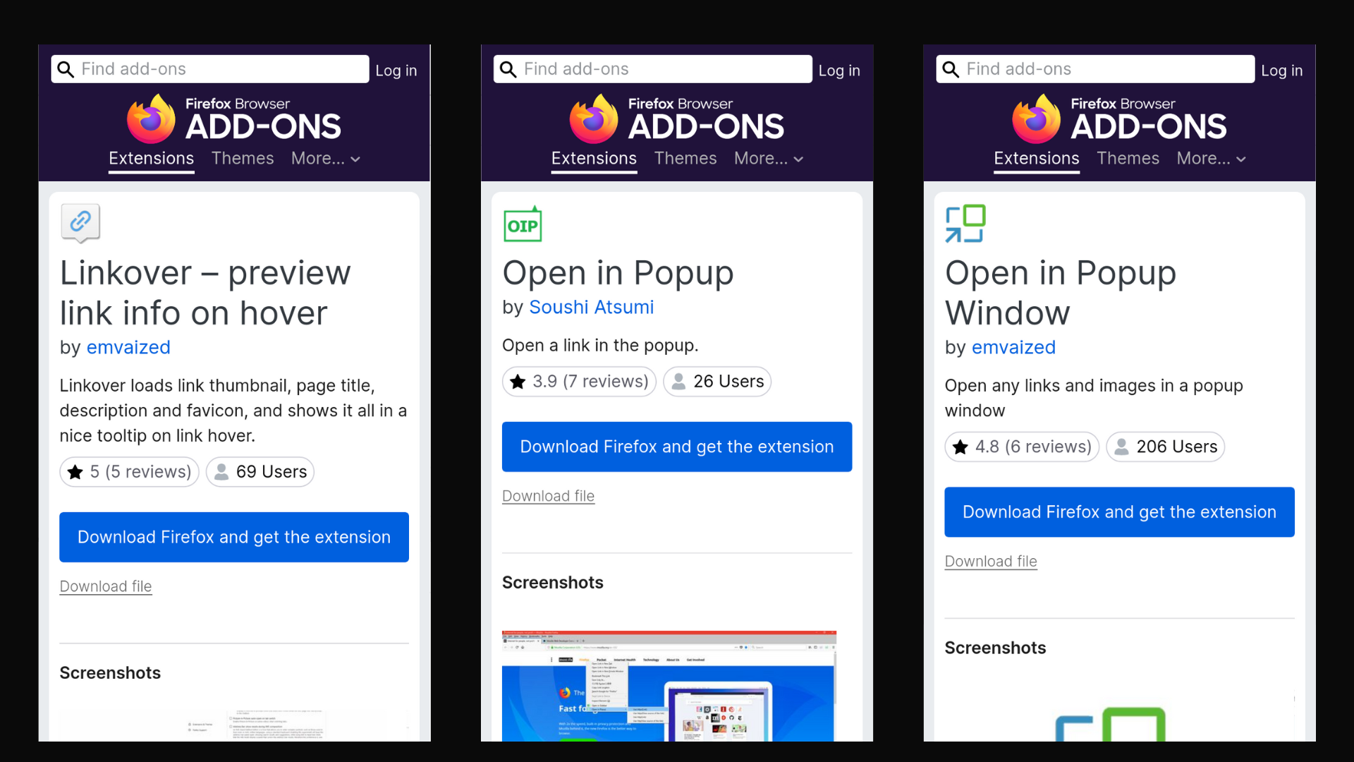 Montage of link previewing extensions on Mozilla Add-ons