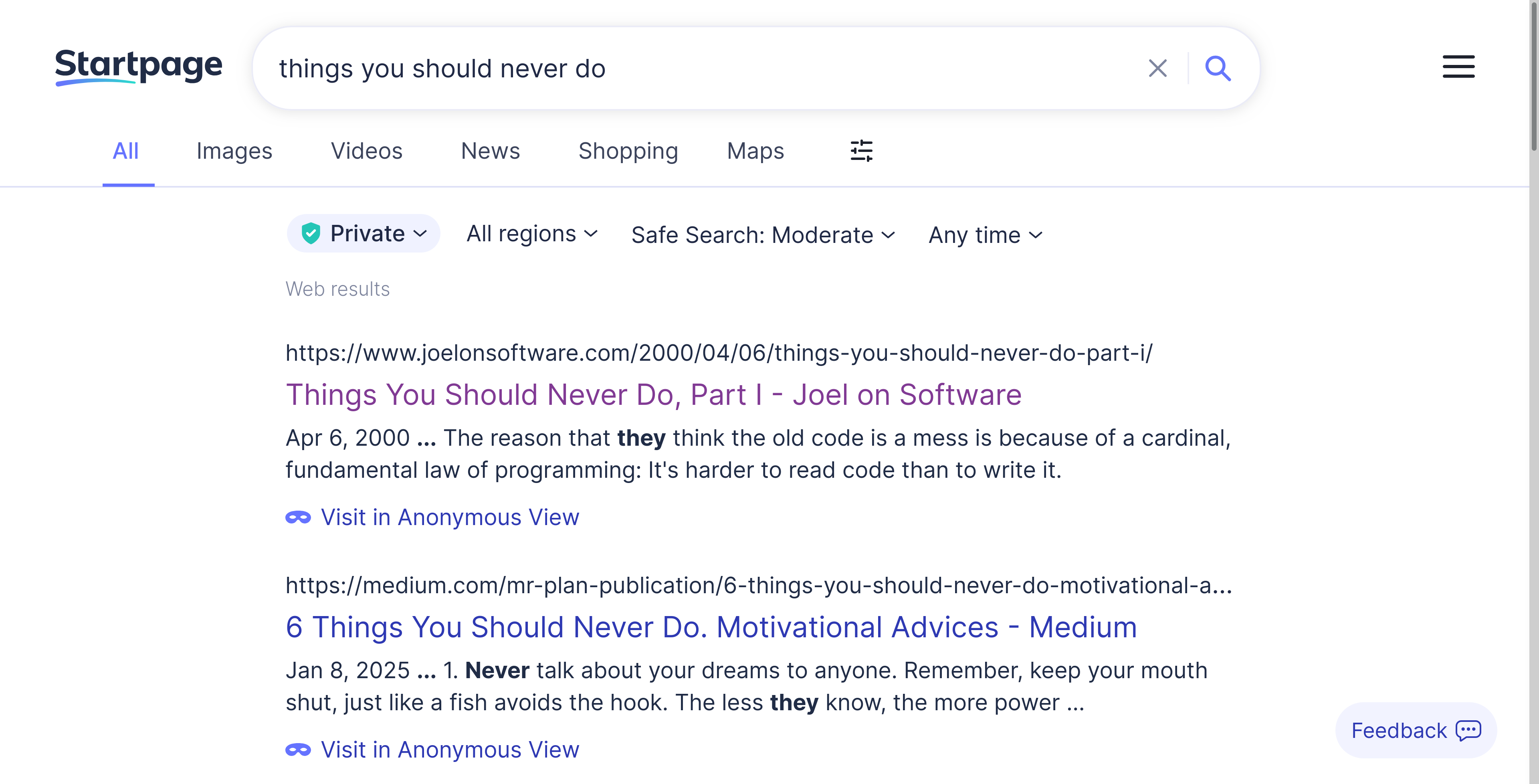 Screenshot of a Startpage search in Firefox