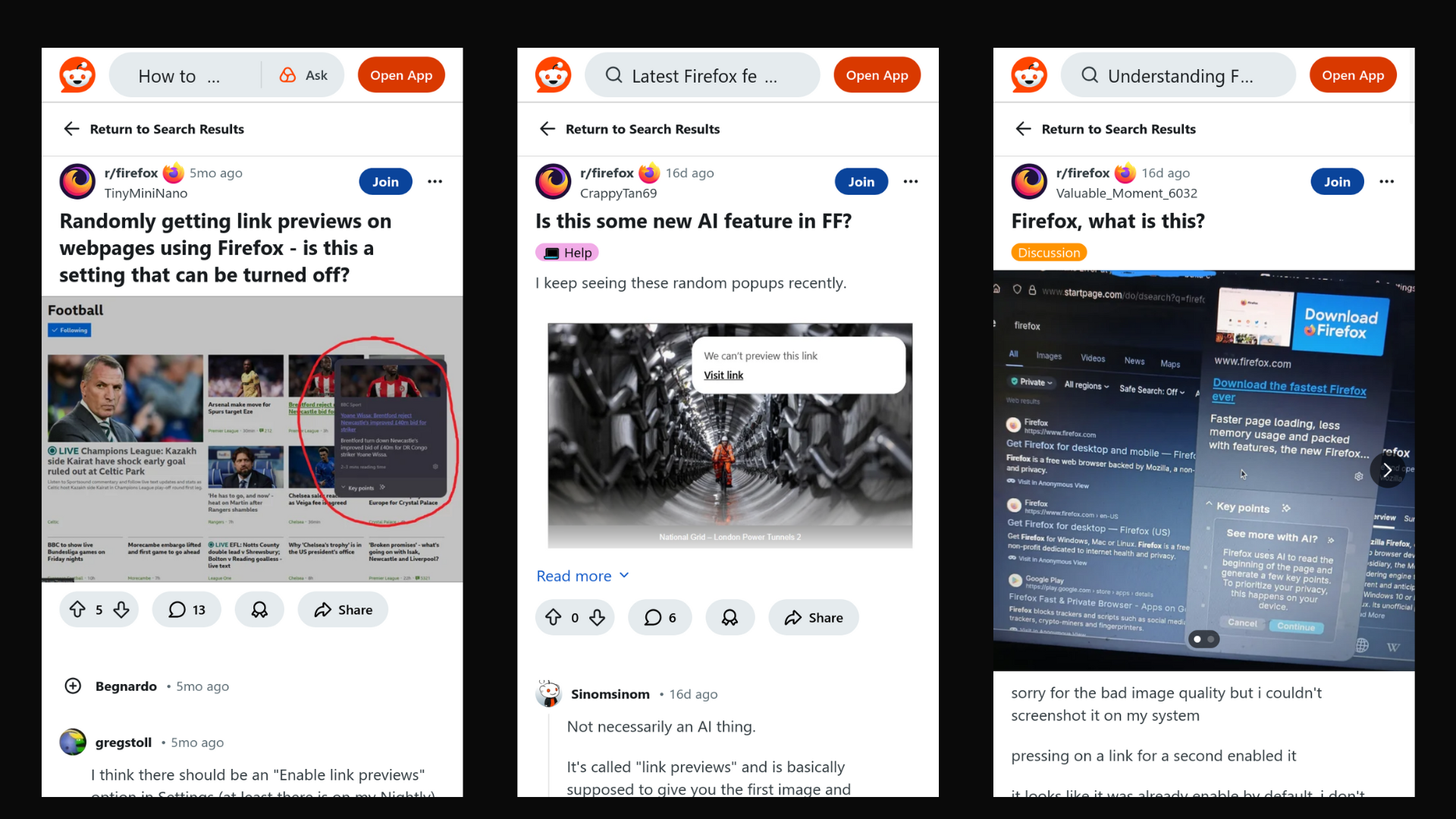 Montage of screenshots of reddit threads asking about Link Preview popups