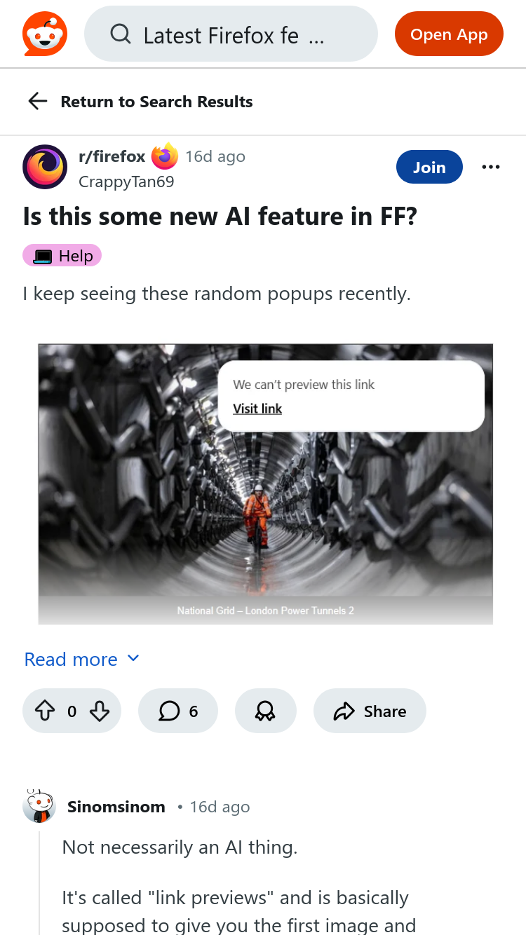 Screenshot of reddit page asking if this is some new AI feature in Firefox