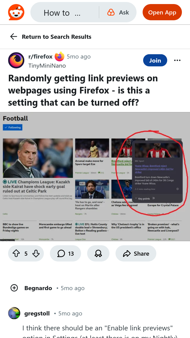 Screenshot of reddit page asking whether link previews can be disabled