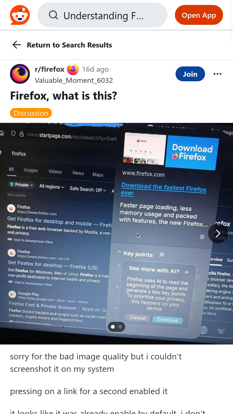 Screenshot of reddit page asking Firefox what is this?