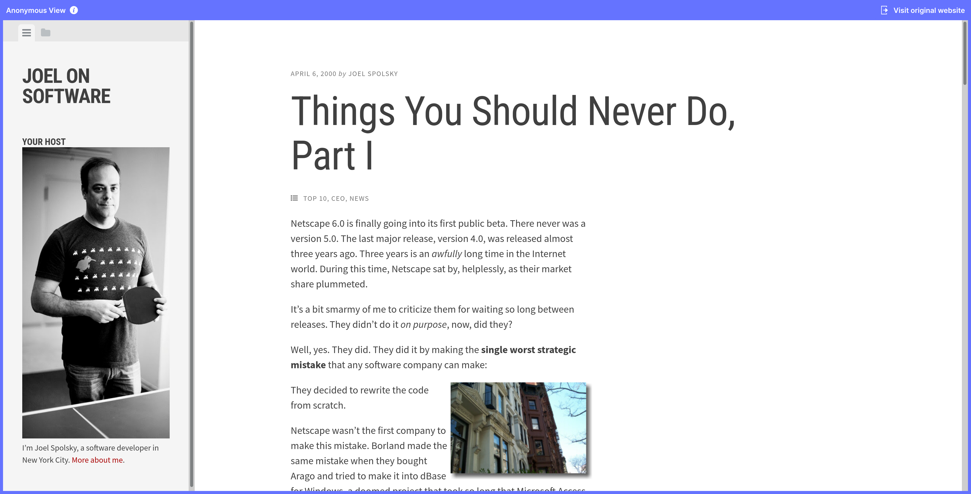 Screenshot of a blog post inside of Startpage anonymous view