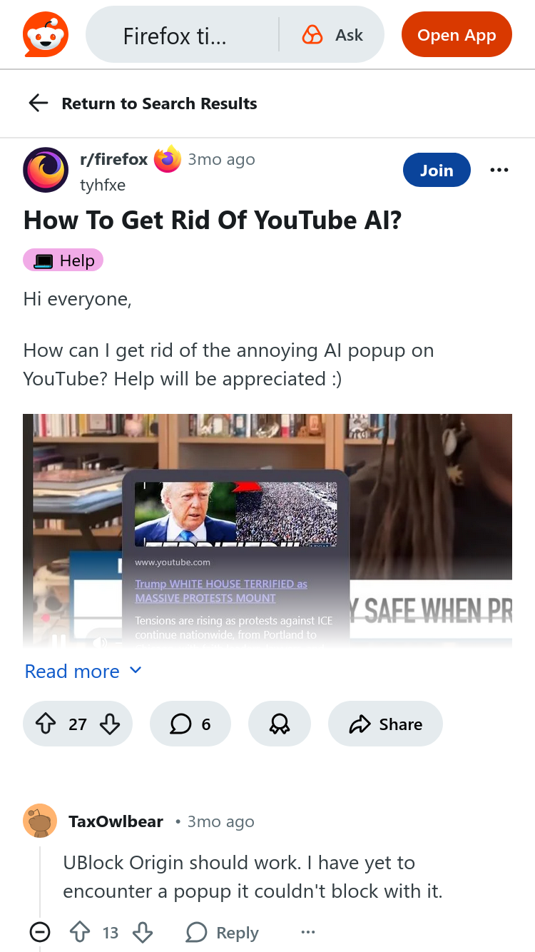 Screenshot of reddit page asking how to get rid of YouTube AI