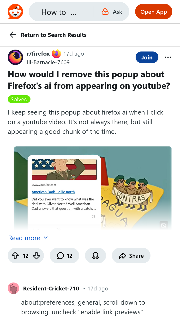 Screenshot of reddit page asking how remove a popup about Firefox AI on YouTube