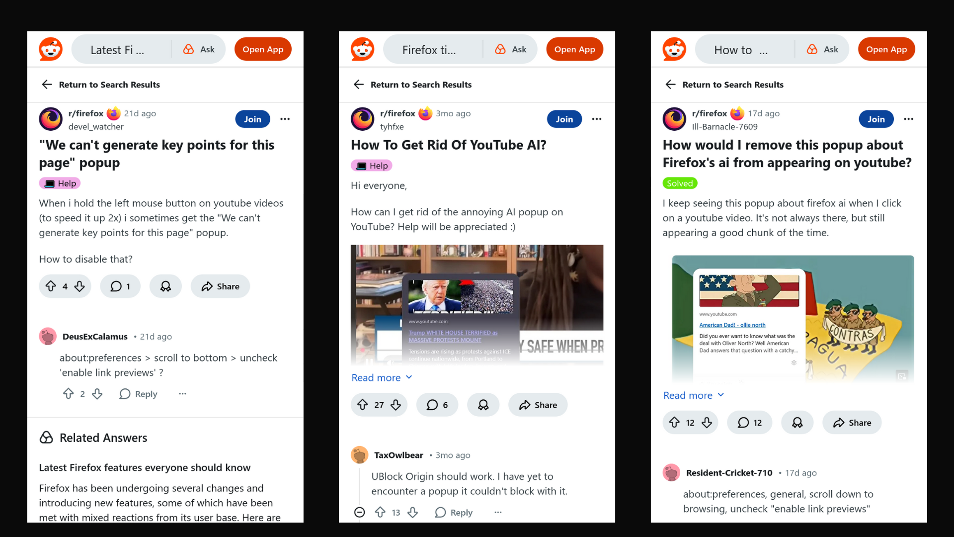 Montage of screenshots of reddit threads asking about Link Preview popups on YouTube