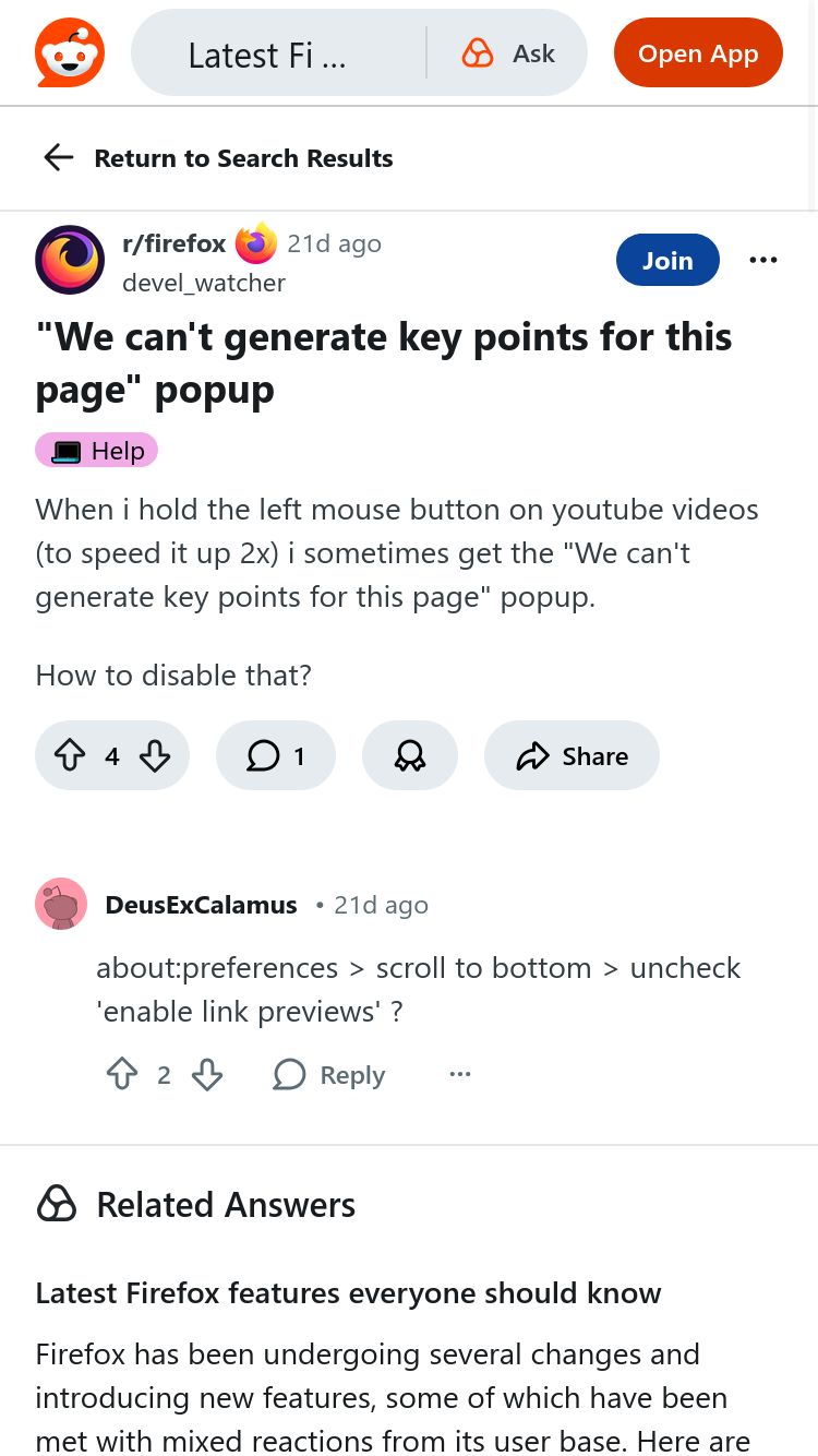 Screenshot of reddit page asking why Firefox can't generate key points on YouTube