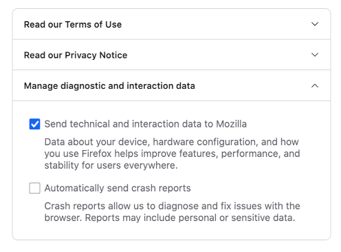 Firefox window displaying the clickwrap ToS with Manage diagnostic and interaction data expanded