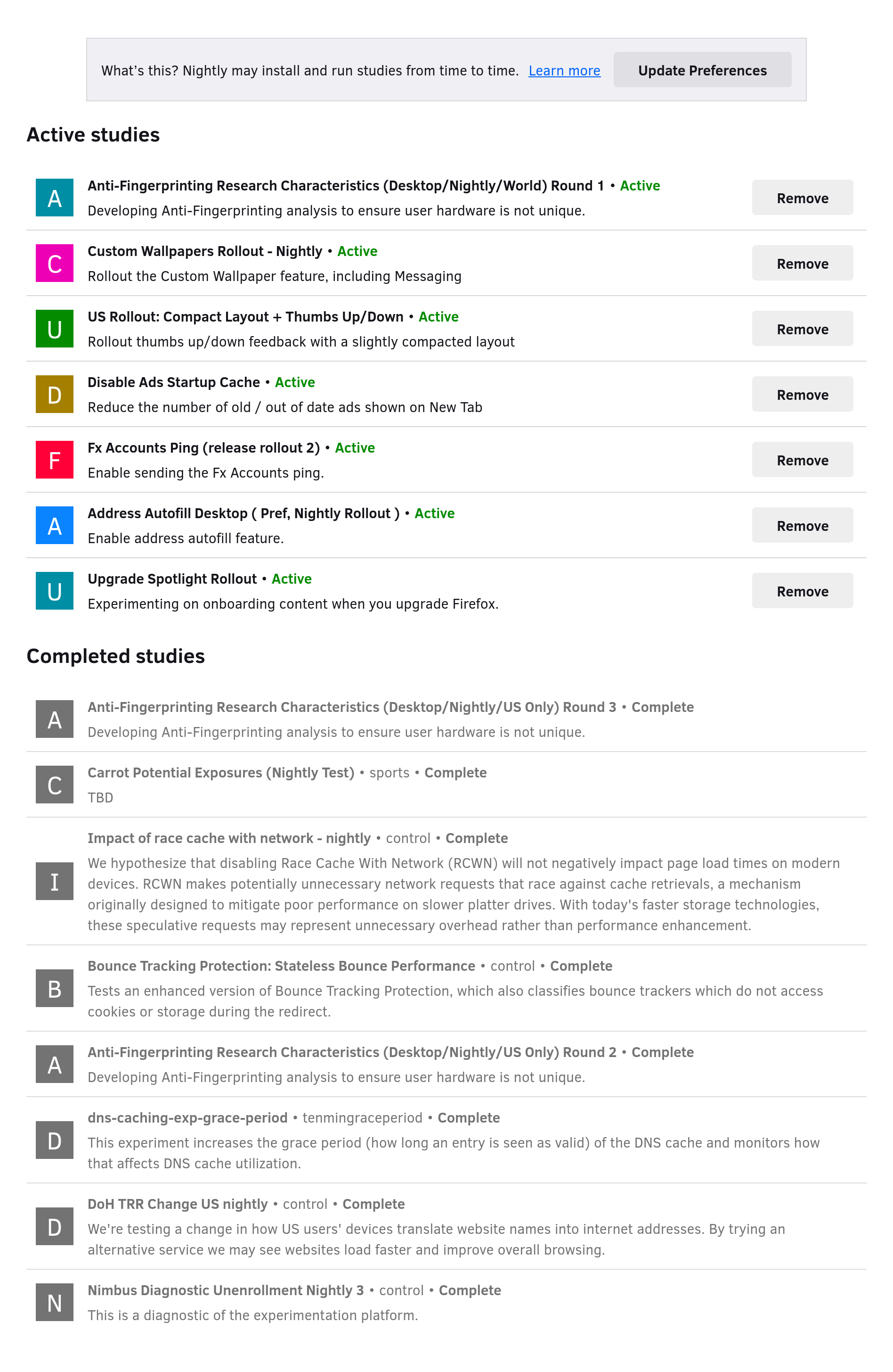 A screenshot of my about:studies page