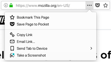 Firefox 57 with an opened page actions overflow menu