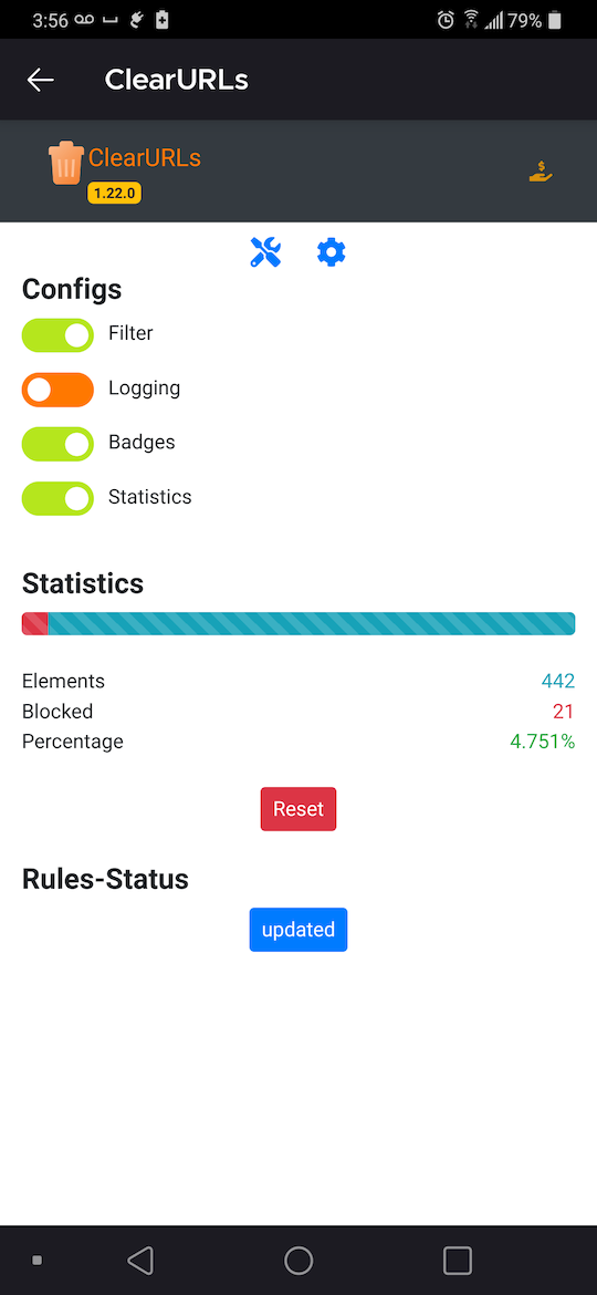 ClearURLs settings page on a mobile device