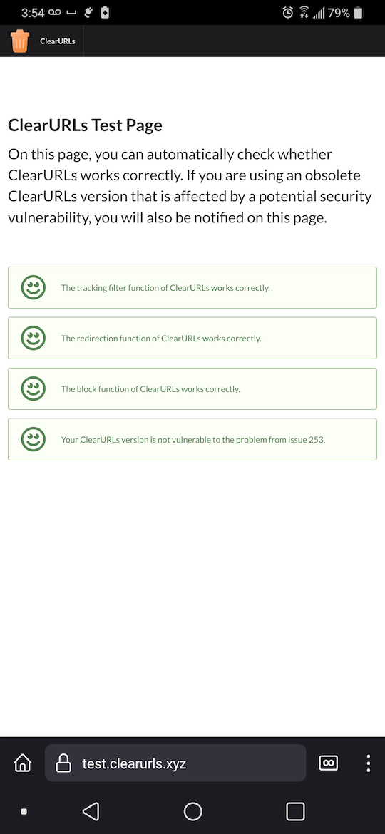 Firefox for Android showing a passing ClearURLs test page
