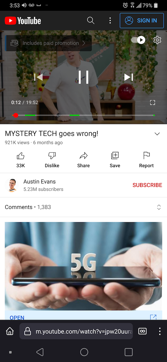 YouTube video on Firefox for Android showing a green bar representing the sponsored portion of the video within the scrubber