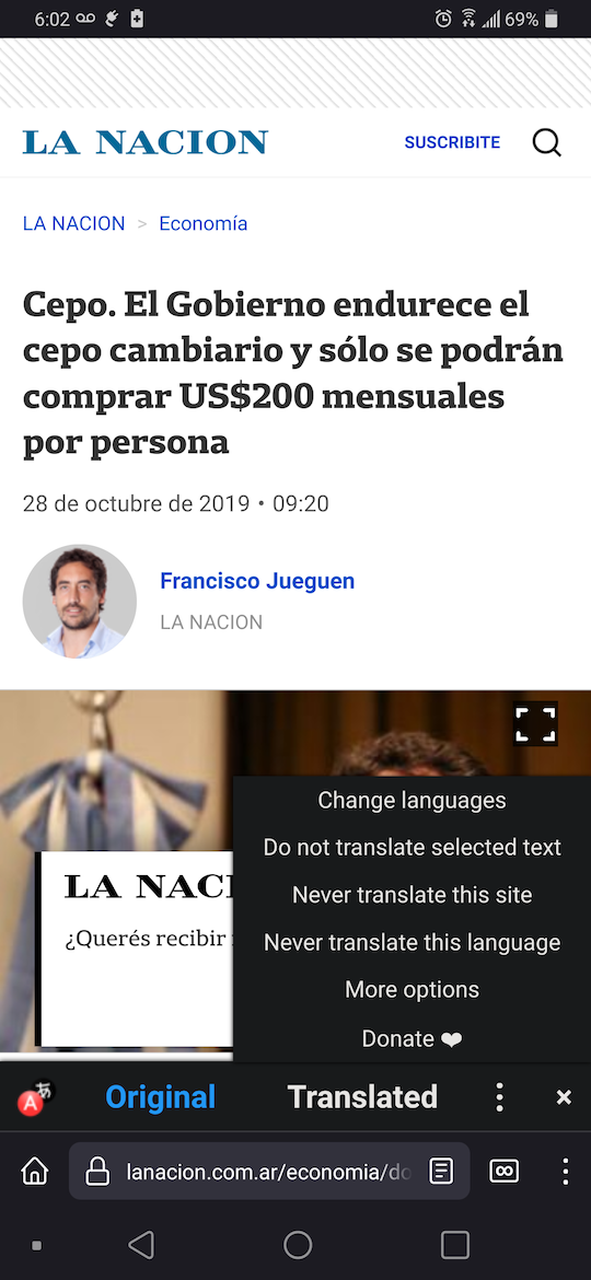 Firefox for Android shown with Translate Web Pages's bottom toolbar menu, opened