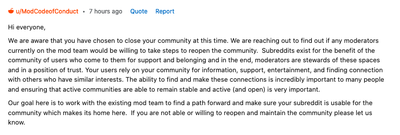 A screenshot of a message from ModCodeofConduct on Reddit