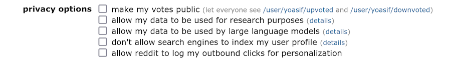 A mockup of Reddit's privacy options