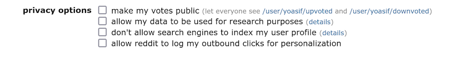 Screenshot of Reddit's privacy options